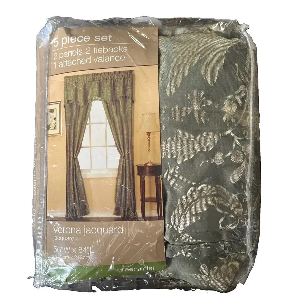 Vintage Verona Jacquard 5 Piece Curtains Green Mist Window Decor 56 x 84 New